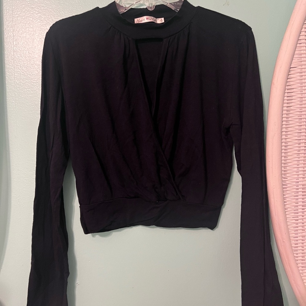 Black Long Sleeve Mock Neck Keyhole Cut-Out Crop Top